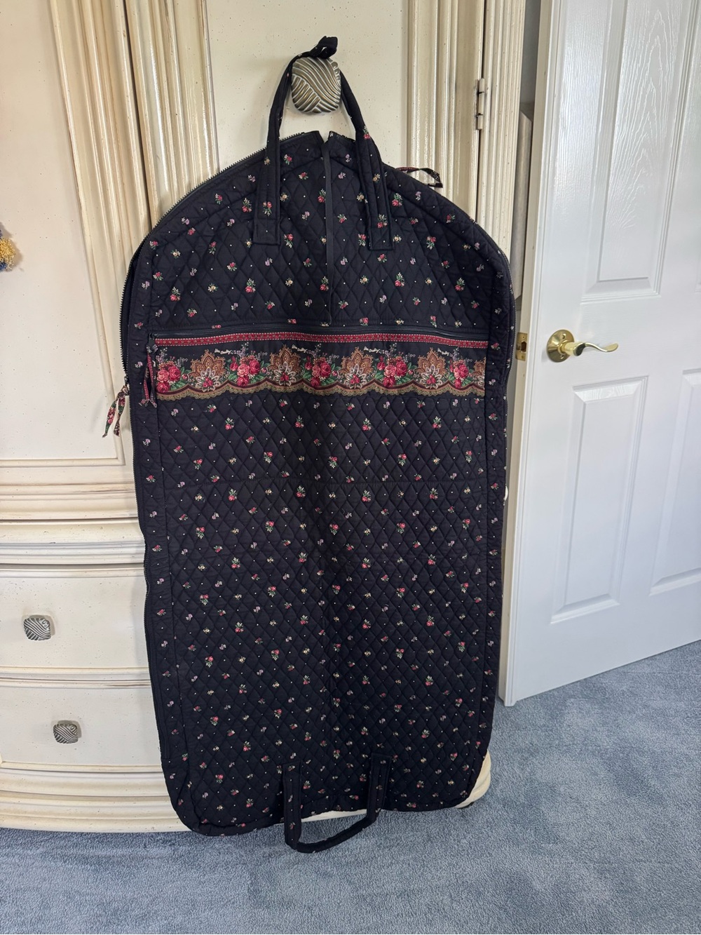 Vera Bradley Black Quilted Petit Point Floral Garment Bag with Pink & Green